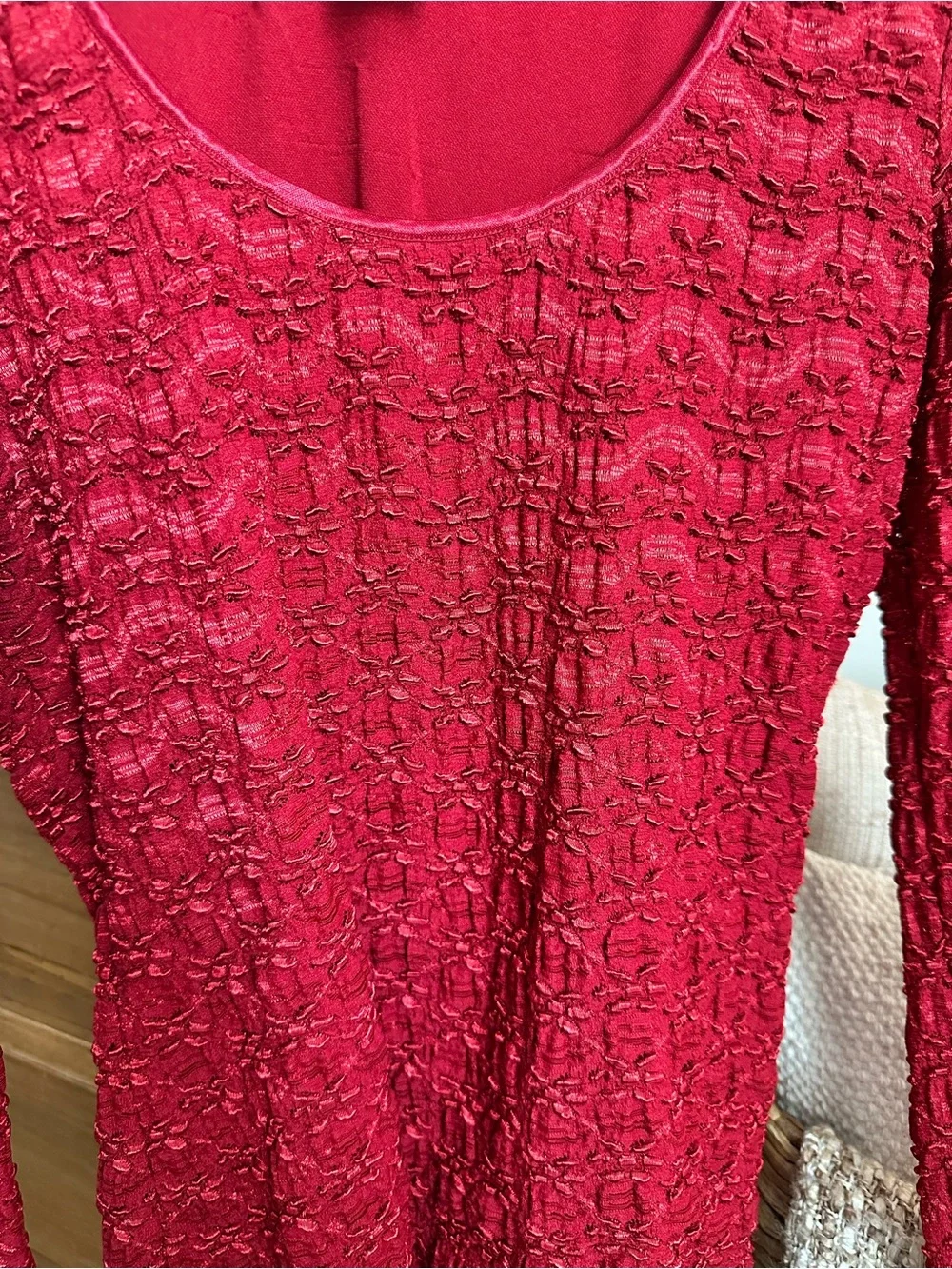 INC International Concepts Red Textured Scoop-Neck Long Sleeve Top